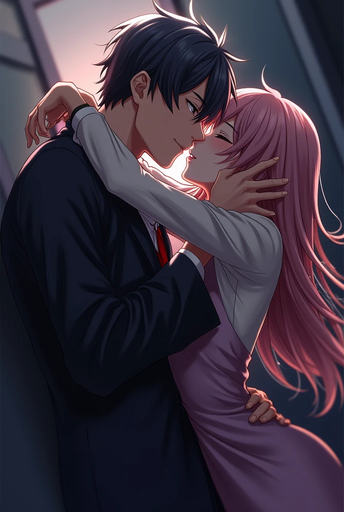 Anime, 4k, couple, 2person, pink long hair, bangs, pink eyes, huge breast, seductive, sexy, boy and girl, boy with abs, man and woman, 1 man, 1woman, body only man, cleavege, topless man, shirtless man, untidy outfits, sweat, hot, daddy , big boy, hugging each other, on the bed, pink hair man, pajama