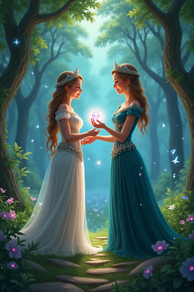 A mystical forest with a beautiful young princess, Elara, holding a silver necklace with a glowing gemstone. Beside her stands an elegant sorceress, Ilyana, smiling and offering the necklace to Elara. The background shows lush green trees and magical lights floating in the air