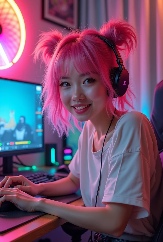 Cute 20 year old gamer girl with pink hair