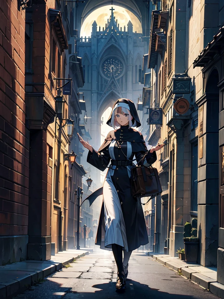 A huge cathedral under the moon、Medieval streetscape,wide roadway、The sound of the bell rings out、Many nuns walking through the city
