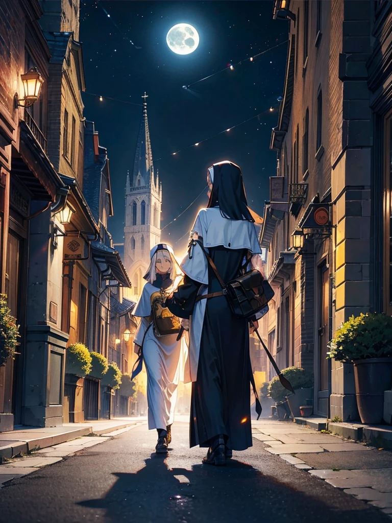 A huge cathedral under the moon、Medieval streetscape,wide roadway、The sound of the bell rings out、Many nuns walking through the city