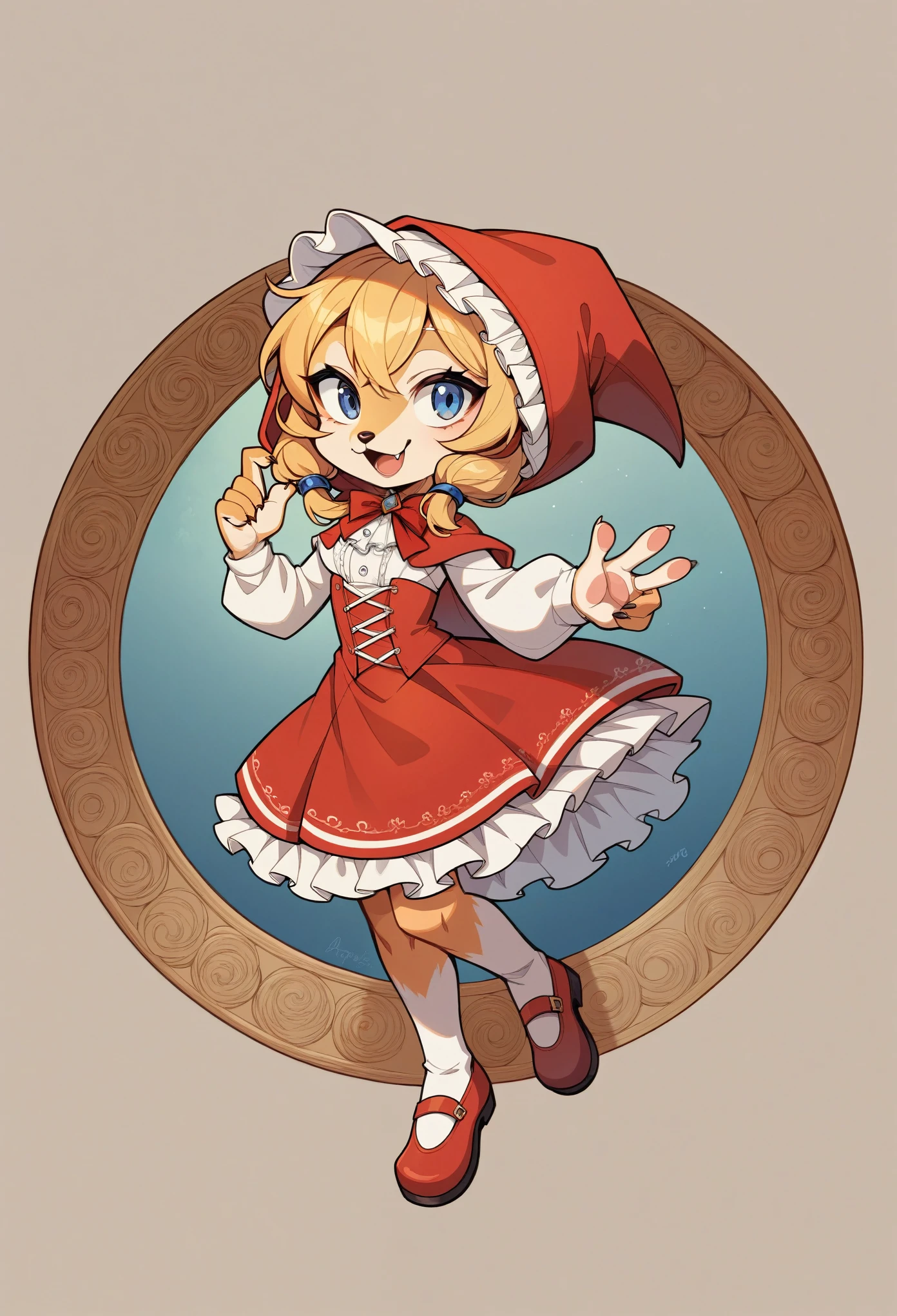rating_safe, score_9, score_8_up, score_7_up, score_6_up, score_5_up, score_4_up, hires, source_furry, postcard design, story of Little Red Riding Hood, flat Design, vector illustrations, graphic illustration, detailed 2d illustration, flat illustration, digital illustration, digital artwork,