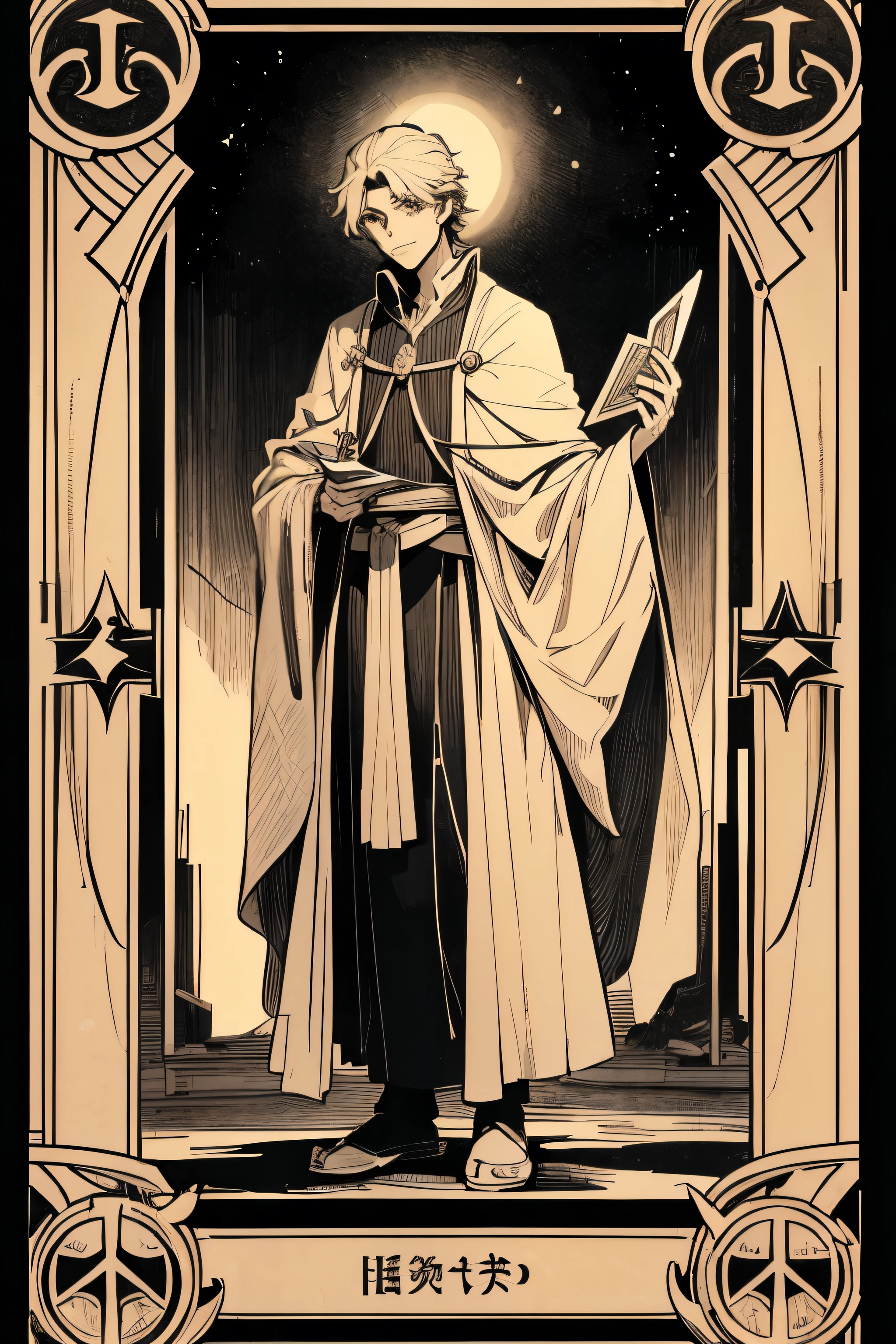 2, standing man, three view drawing, holding tarot cards in hand