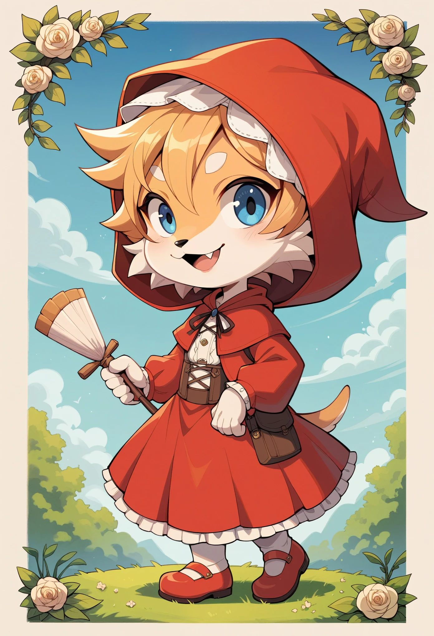 rating_safe, score_9, score_8_up, score_7_up, score_6_up, score_5_up, score_4_up, hires, source_furry, postcard design, story of Little Red Riding Hood, flat Design, vector illustrations, graphic illustration, detailed 2d illustration, flat illustration, digital illustration, digital artwork,