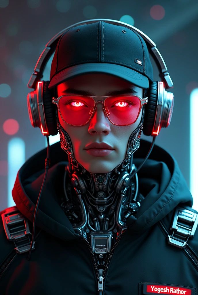 A highly detailed 19-year young boy cyborg, with a focus from the shoulders up, looking face to face the camera. The cyborg should have a futuristic and sleek appearance, featuring polished metal, intricate mechanical details, and neon glowing cybernetic implants. Include cyberpunk technology elements, such as cyberpunk-style glasses and headphones. His eyes should be red glowing and enigmatic, with an expression suggesting contemplation or curiosity. The background should be a dark cosmic setting with a cinematic and professional style, incorporating deep space elements like stars and nebulae. The transition between the cyborg's technology and the cosmic background should be smooth and harmonious, creating a striking and immersive visual contrast, the boy wearing black cap, YOGESH RATHOR name on the jaket