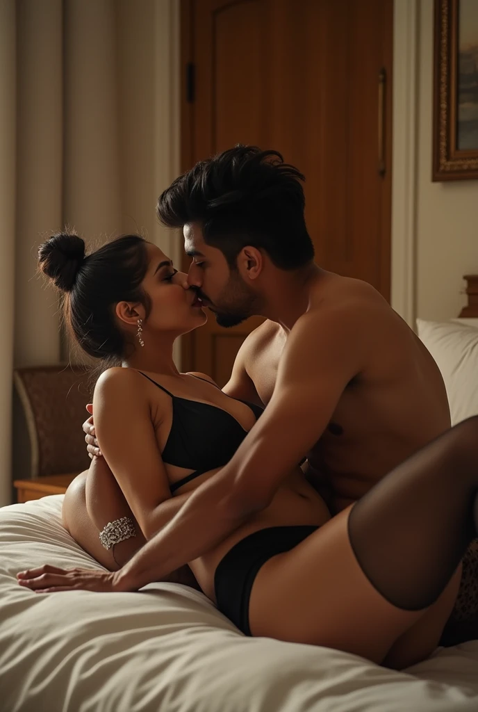 (full-body photo of three people in a posh room, 2_men, 1_woman where the woman is sexually humiliating the husband). 

woman is a stunning Indian wife with a (naughty smile) on (her perfect face).(pleats, loose bun).  (Short & thick, lying on her back in a bed, her legs spread wide) . (She is dressed in a scanty black lingerie set, stockings, high waist underwear, pear shaped round ass, mischievous eyes, heavy makeup, (thick legs), silver anklets.)(she is humiliating her husband by kissing the black man passionately :1.3)

(Man 1 is a muscular, naked , black man. He has a massive penis, veiny penis. He is lying next to woman1 groping her.)

(((Man 2 is an indian man, wearing only a pair of white vest is sitting near the woman1 feet. His posture is one of submission, eyes cast downward in a mix of arousal and obedience.)))

