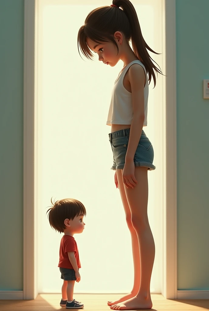 ((High definition, Masterpiece, 8k, Digital Photography, Realistic Digital Art)), ((Natural illumination)), contrast, white illumination, ((A young girl towering a miniature man)), young face, pale skin, brown hair, ((age girl)), ((Tanktop, tight shorts)), sunny day, ((Looking down at a miniature man))