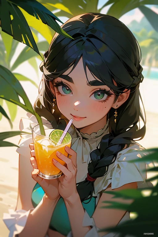 (Highest quality, masterpiece:1.2), High resolution, Very detailed, Realistic:1.37, Fantasy, An illustration, Green Eyes、Queen, Platinum decoration、beautifully、Eyeshadow Red、Thick eyebrows、Long eyelashes、pupils are black、Her hair is light green、Embarrassing、people々々々々々々Loved by、Shoulder Bare、Braiding、((Swimwear)).(Save face image),((Drink a drink)).((Smile)).