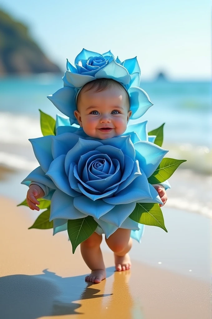  in a blue  rose costume walking in the beach happy, brave, magical, cute