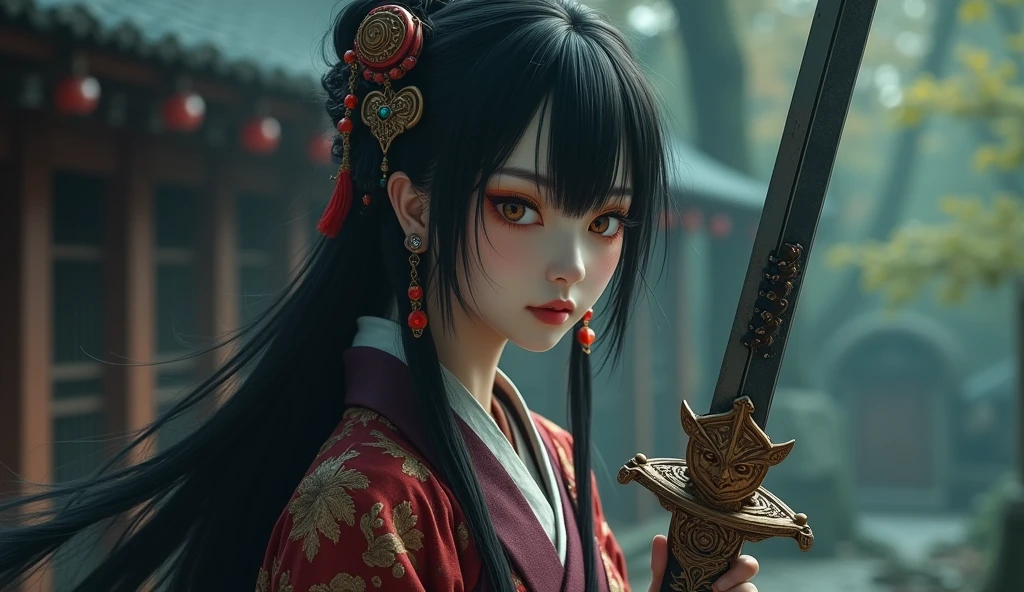 Create a photorealistic image of a female character inspired by the medicine seller from 'Mononoke' in the 'Karakasa' arc, as if it were from a live-action adaptation. She has long, flowing black hair styled elegantly, and her face is adorned with traditional geisha-style makeup. Add the makeup and earring from a specific reference image: the makeup includes sharp, artistic orange eye makeup with small red gems near the eyes, and a delicate pink lip color. The earring is ornate and features intricate designs with dangling elements. She is holding a sword inspired by the Taima sword from a specific reference image, with intricate designs and a demonic face on the hilt. Her eyes are intense and suggest ancient wisdom, possibly with a unique color like gold or violet. The woman is dressed in a traditional yet intricately designed kimono with rich, textured fabrics, blending deep reds, purples, and golds. The background depicts a traditional Japanese setting with a supernatural atmosphere, such as a haunted temple or a misty forest. The overall mood should be mysterious and eerie, blending the spiritual and the real world, capturing the essence of a live-action version of the female medicine seller with a geisha-inspired appearance.