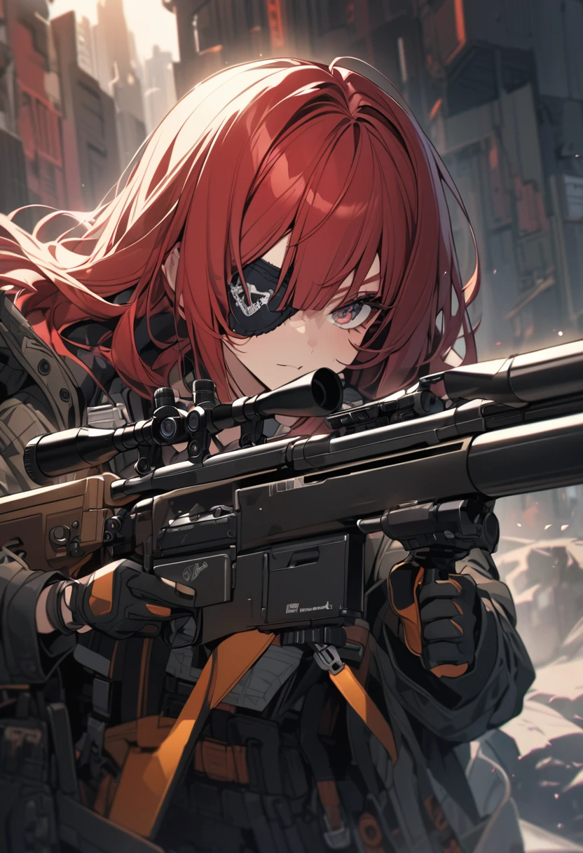 Highly detailed, 10k, 1 girl, red hair, she has eye patch, holding a sniper