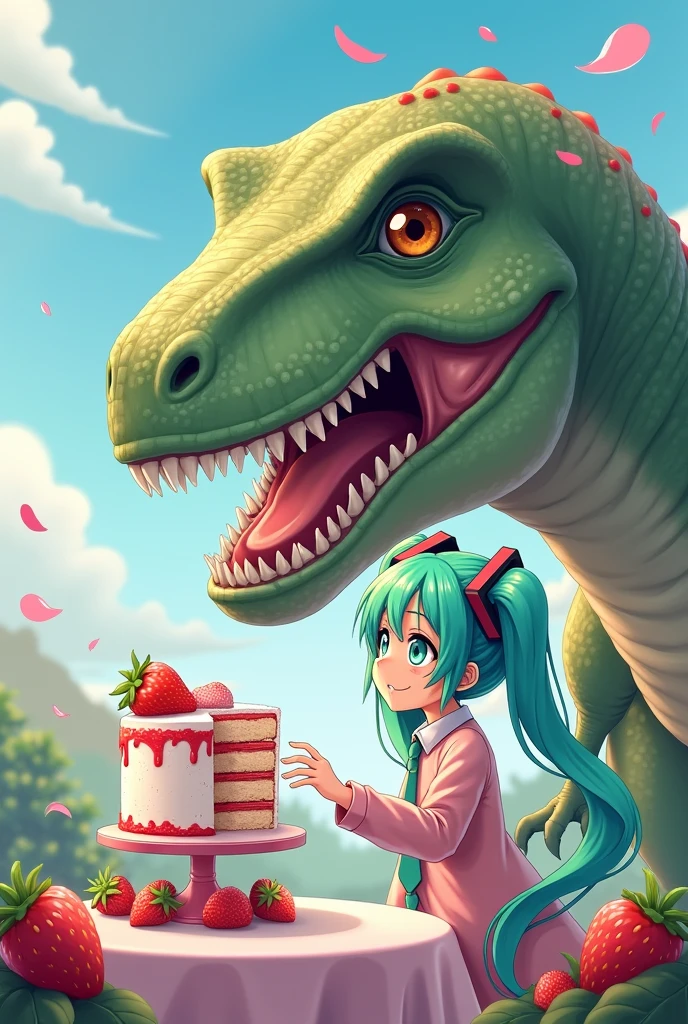 Hatsune Miku feeding a T-Rex strawberry cake.
