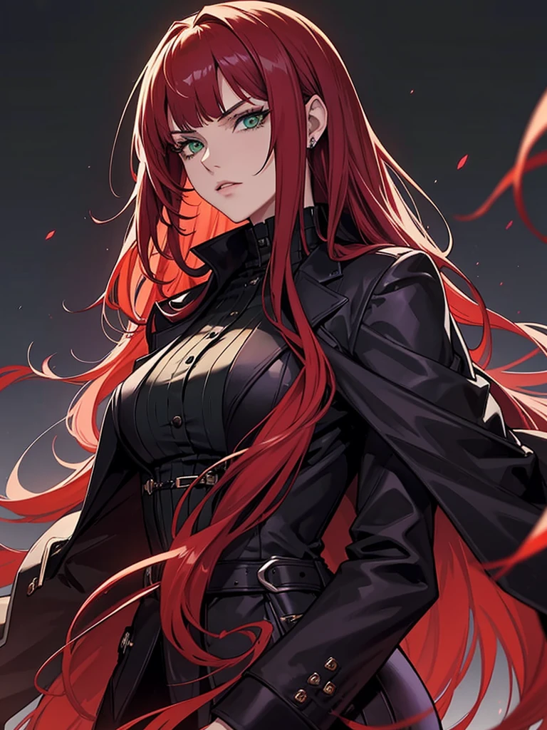 green eyes, red hair with long bangs, noble, mafia. sadistic women, wavy long hair. wear black purple jacket. strong woman. background in mansion