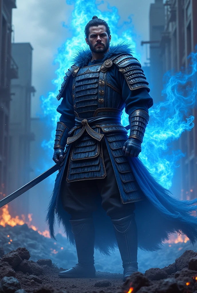 a elite warrior male samuria colored in black and blue with destoryed buildings behind him on fire with blue flames