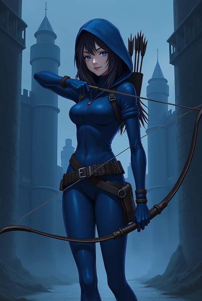 The spy girl, bow and arrows, blue suit, Hood, Leather belt, Blue eyes, anime drawing, matte drawing, dark blue fortress background