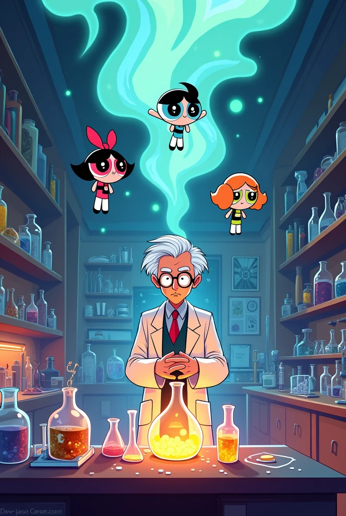 Professor Utonium making powerpuff girls with powerpuff girs