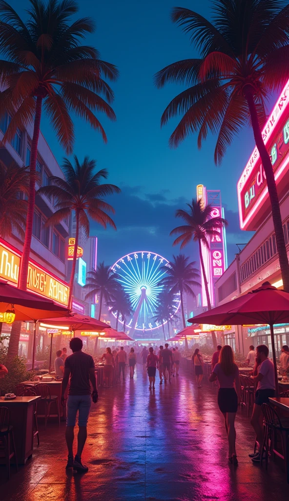 anime Miami Bayside market , neon lights, miami vice vibes, , Ferris wheel at far away, with stars and roller coaster at far away
