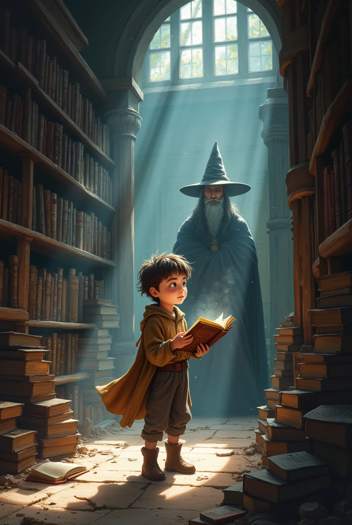 Boy Discover the Magic Book in the bookstore of wise man