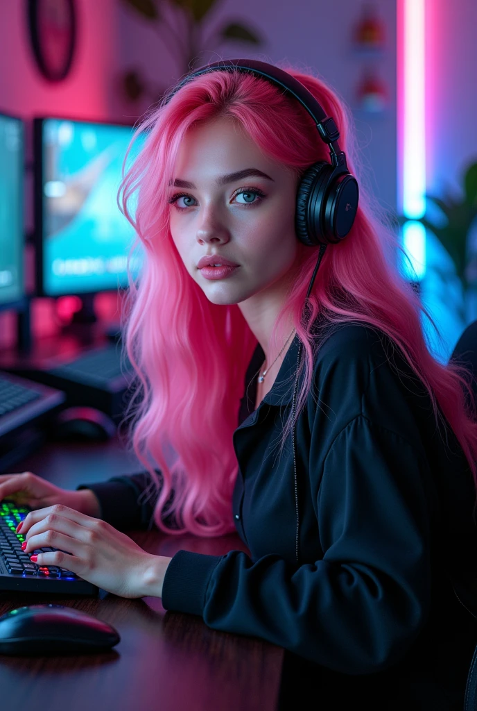 Attractive 20 year old gamer girl with pink hair