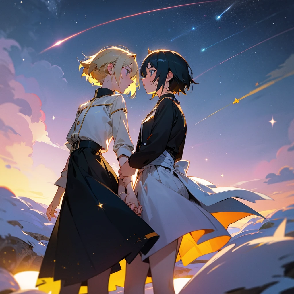 under the sterry sky two lover watching the star and meteor