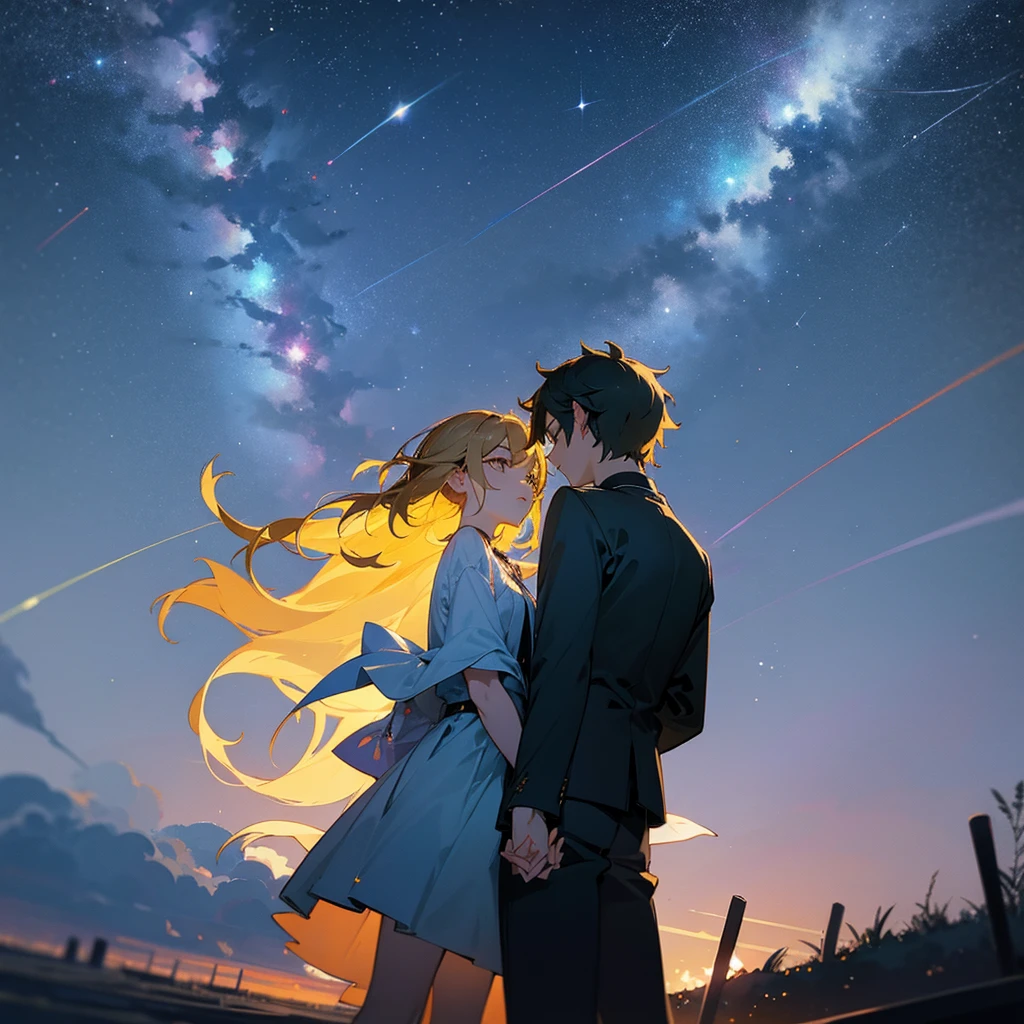 under the sterry sky two lover watching the star and meteor