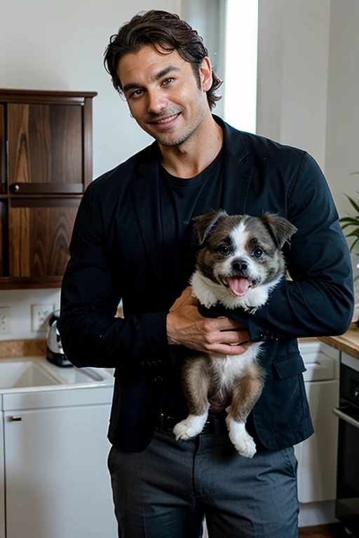 Handsome Man 40 years old,has a white cat and one brown Shih Tzu dog, lean muscular body, tan skin olive, his eyes are blue, 1.90m, his hair is dark brown with natural waves that flow down his shoulders, stubble unshaved, wearing a black blazer, blue shirt, black pants, laughing
