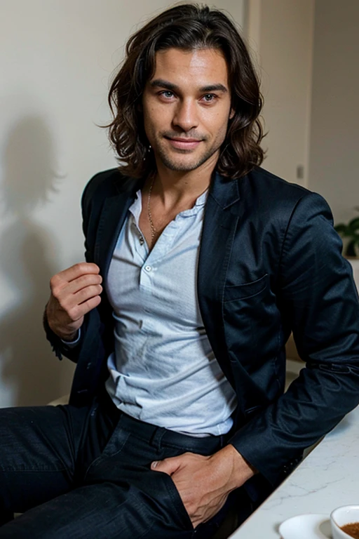 Handsome Man 40 years old,has a white cat and one brown Shih Tzu dog, lean muscular body, tan skin olive, his eyes are blue, 1.90m, his hair is dark brown with natural waves that flow down his shoulders, stubble unshaved, wearing a black blazer, blue shirt, black pants, laughing 