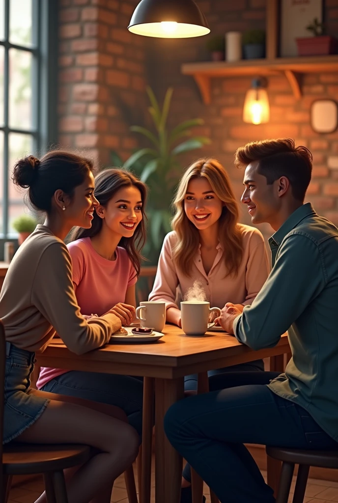 three girls on the left side and one guy on the right side talking in a small coffee shop