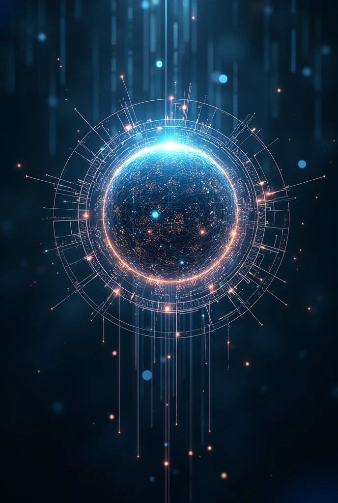 Illustration futuriste d’une entité d’intelligence artificielle avancée, représentée par une sphère flottante luminescente entourée de lignes de code et de données numériques, avec un arrière-plan sombre et des particules brillantes suggérant un environnement cybernétique. L’IA doit avoir un aspect sophistiqué, presque mystique, avec des motifs géométriques complexes et des éléments visuels évoquant la puissance de calcul, la connexité des données et l’évolution technologique. L’ensemble doit dégager un sentiment d’avenir, de puissance et d’omniscience de l’intelligence artificielle. Rendu en 3D, style cyberpunk, haute résolution.”