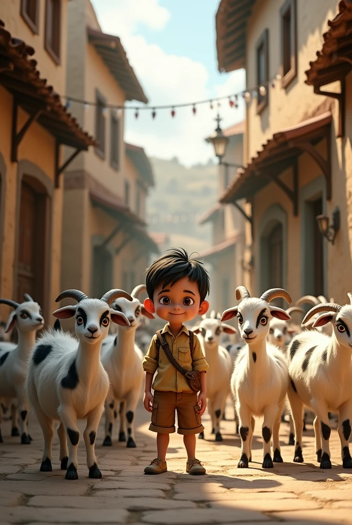 Image size (1536×848) a boy on the street of village, around the boy have many goats, goats colour are white with black spots,