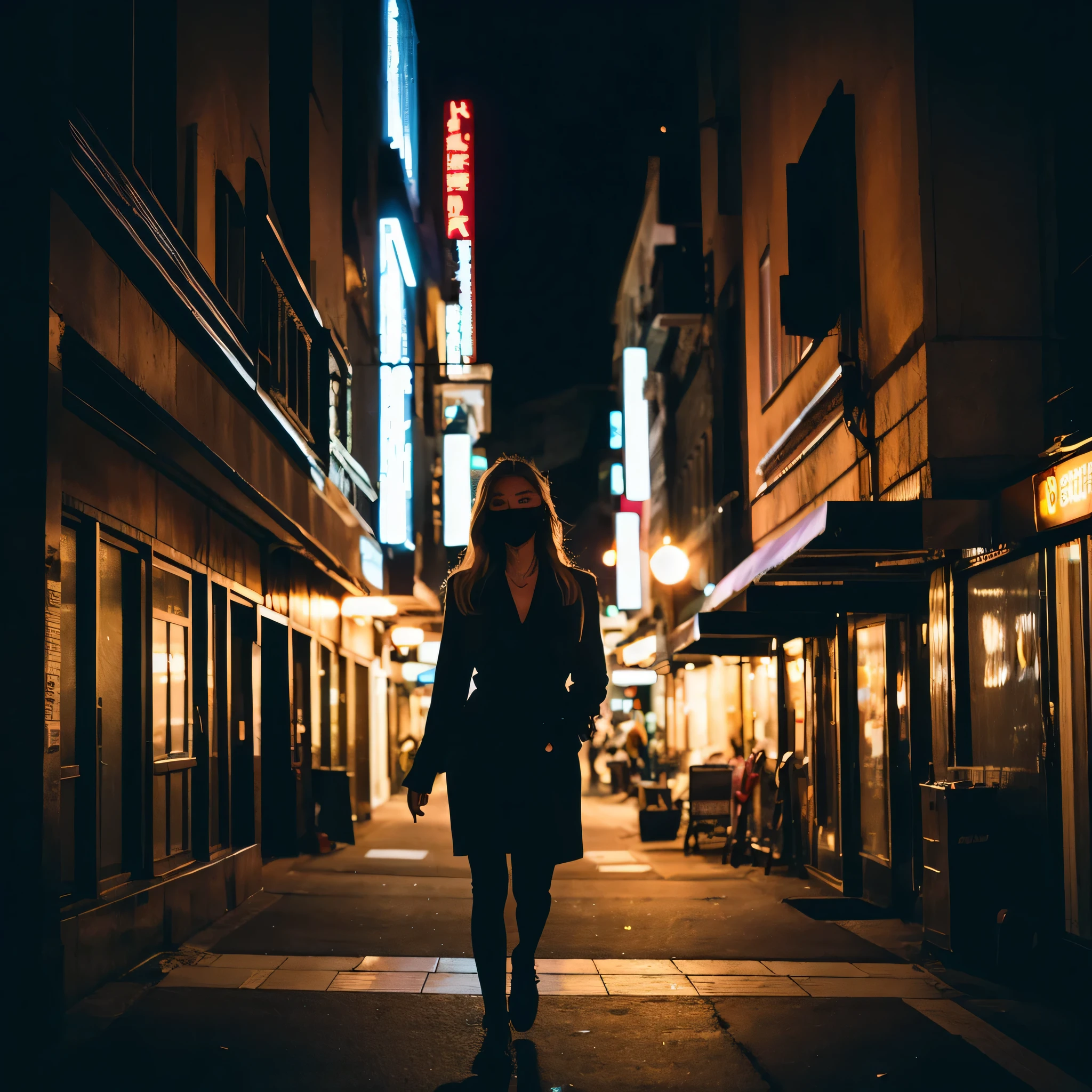 (Cinematic Aesthetic:1.4) Photo of a city night gigi hadid walking with black mask