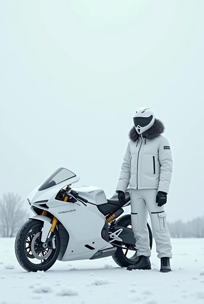 alone, male, standing, white winter jacket, hood up, white cargo pants, black fur around hood, white moter cycle helmet, white motorcycle, 18, fit, best quality