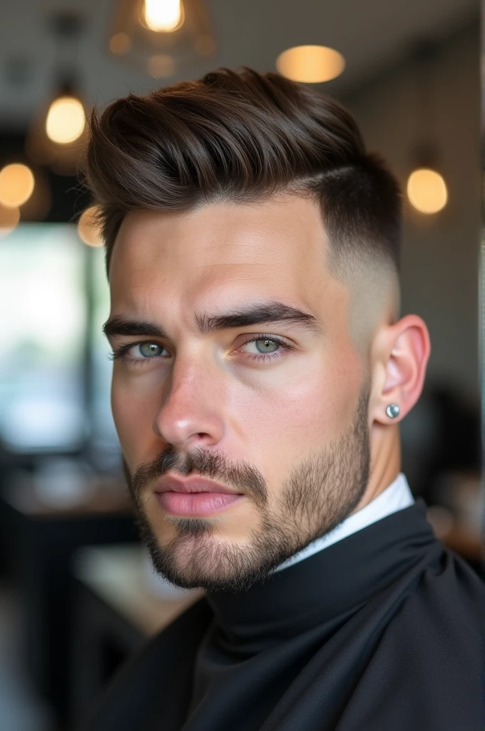 A men's haircut where he has low fade ends with layering front hair and smooth under cut 