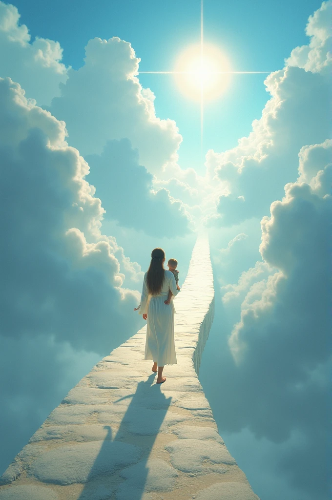 A way that is going toward sky and a baby is and woman angle are walking on the way