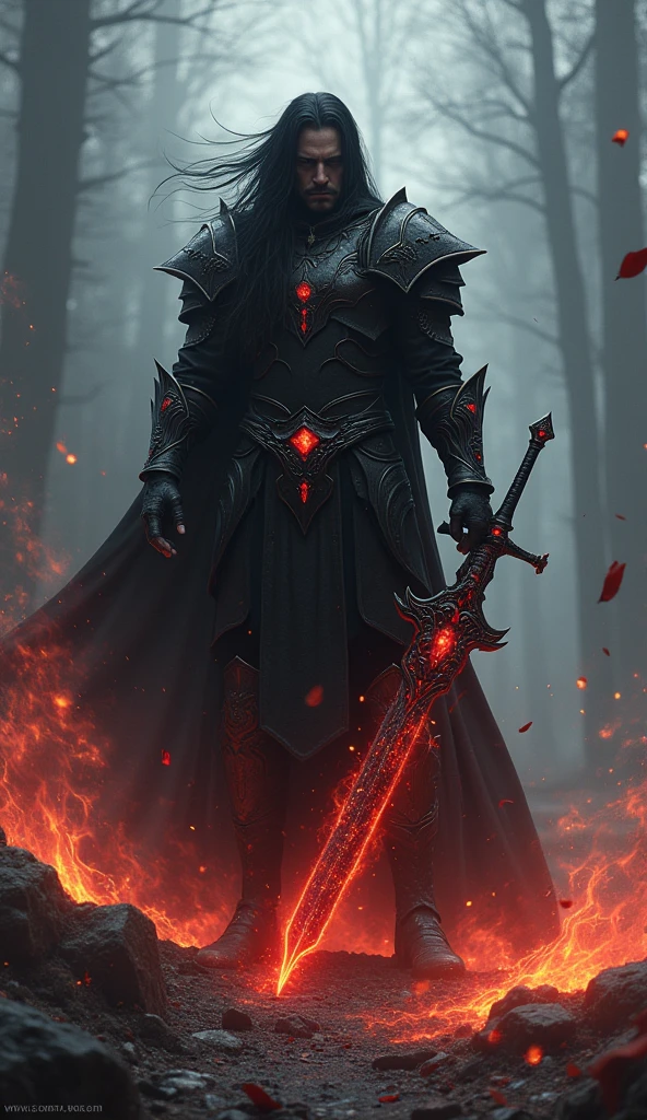 "A photo-realistic depiction of Varis. Full-body Varis stands firm, his long black hair cascading over his shoulders as he surveys the battlefield. He is adorned in a gothic-style black armor, with intricate blood-red gemstones embedded throughout, giving him a dark and menacing aura. In his right hand, he grips a dark sword, its blade gleaming with a subtle, eerie glow, while flames dance around the blade. His Luminous Order and Blaze Fang powers are evident, with dark energy swirling around him, forming the spectral outline of a blazing wolf. The background is a haunting landscape, filled with realistic shadows and light that enhances the dark, intense atmosphere, blending gothic elements with high-fantasy details."
