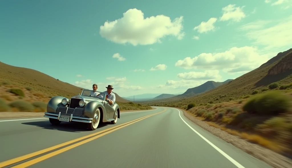 A vintage cinematic style of a man driving an old-fashioned car on a winding highway towards the south, beneath a blue sky with wispy white clouds, displayed in 4K resolution, with a slight grainy texture to emulate old film reels, steady camera movements, focusing on the road ahead