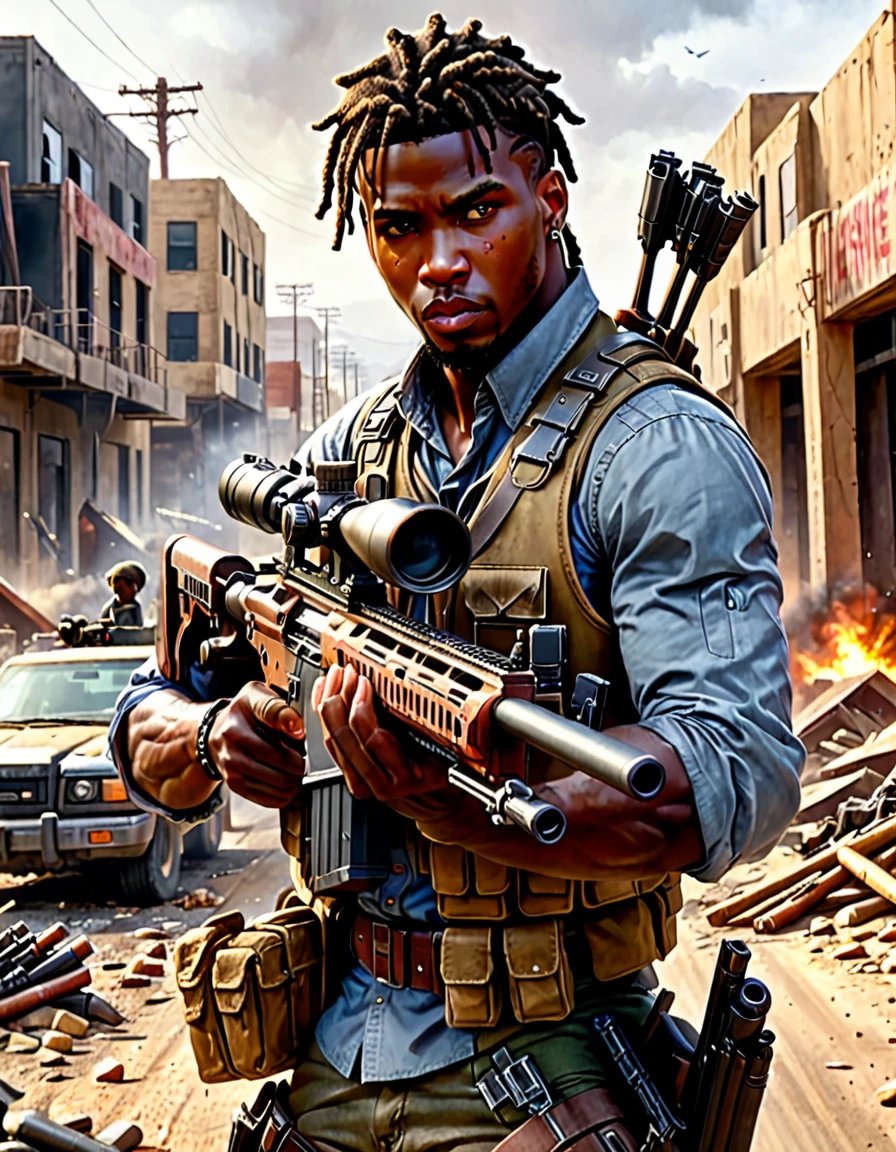 (masterpiece), (best quality), (hires), mercenary, male focus, holding a (sniper rifle), African American, dark-skinned male, braided hair, short hair, brown hair, hazel eyes, load-bearing vest, ammunition belt, danger atmosphere, los angeles, war zone.