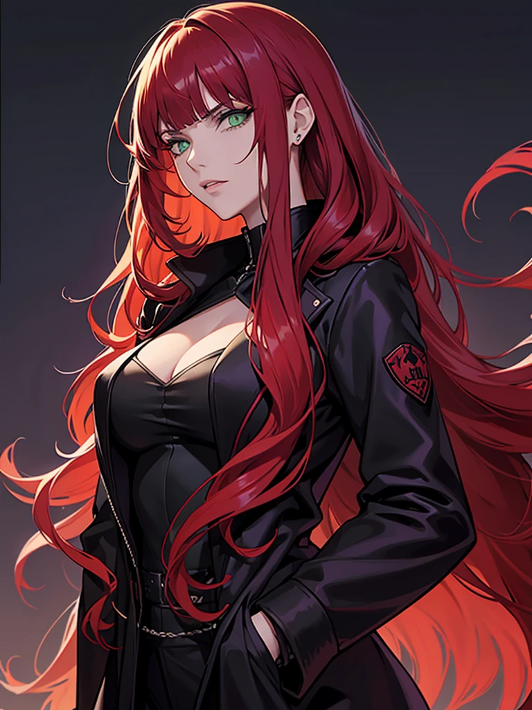 green eyes, red hair with long bangs, noble, mafia. sadistic women, wavy long hair. wear black purple jacket. strong woman. background in mansion