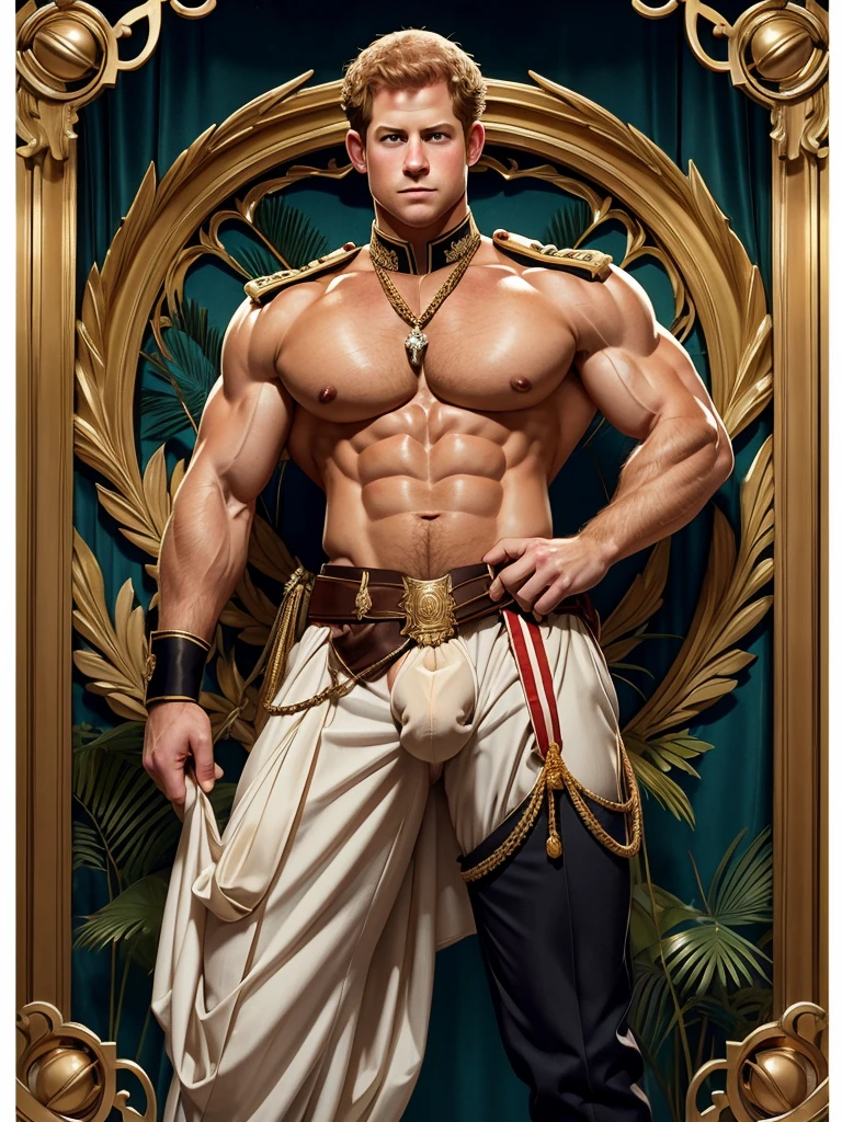 Lustration in the style of Leyendecker: muscular and pumped up Prince Harry in an unbuttoned ceremonial officer's uniform fucks a girl. He fucks a 1 girl in the ass. He has a big dick, a boner, an erection, muscular chest and a belly thickly overgrown with hair