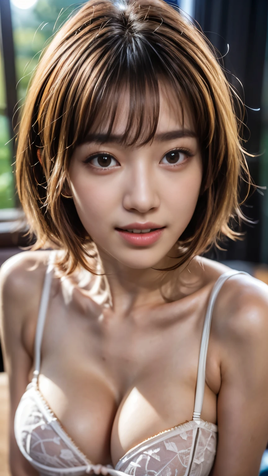 Highest quality、Ultra-high resolution、(Realistic:1.4)、((Cute patterned underwear))、Beautiful Eyes、blonde、Brown eyes、Beautiful breasts、Fine skin、Thin pubic hair、Browsing Caution, 8K quality, 8K Ultra, 10x more pixels、Highly detailed cute face、Detailed lips、Beautiful Eyes、double eyelid、Natural Makeup、(Kind eyes)、Cinema Lighting、(very cute)、Perfect balance、Small tangled naked short hair、Beautiful nipples、With a smile、Bedroom at night、