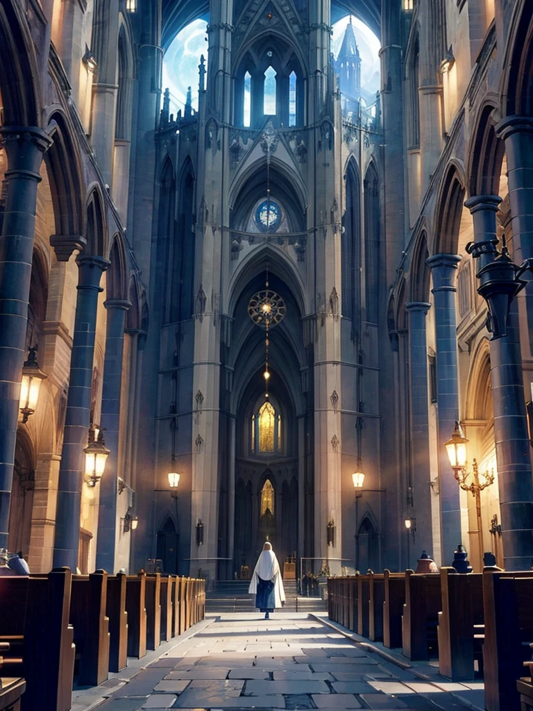 A huge cathedral under the moon、Chapel、Medieval streetscape,wide roadway、The sound of the bell rings out、Offer a prayer