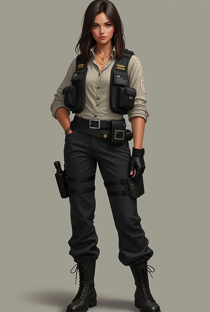 Create the image of a woman of average height, with an energetic and determined presence. She has dark brown hair, smooth and long. His eyes are brown and intense, reflecting your concentration and empathy. Julia prefers comfortable and functional clothes, like black tactical pants and button-down shirts, on her feet she normally wears boots, and I also have a small gold necklace in the shape of a crescent moon with a small crystal inside. besides always wearing a police vest. Make her realistic and full body