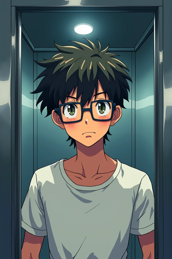 Do a pfp of a guy with square glasses and messy hair, in an elevator in anime style