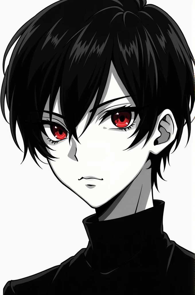 Black and white anime boy with black sclera and red pupil