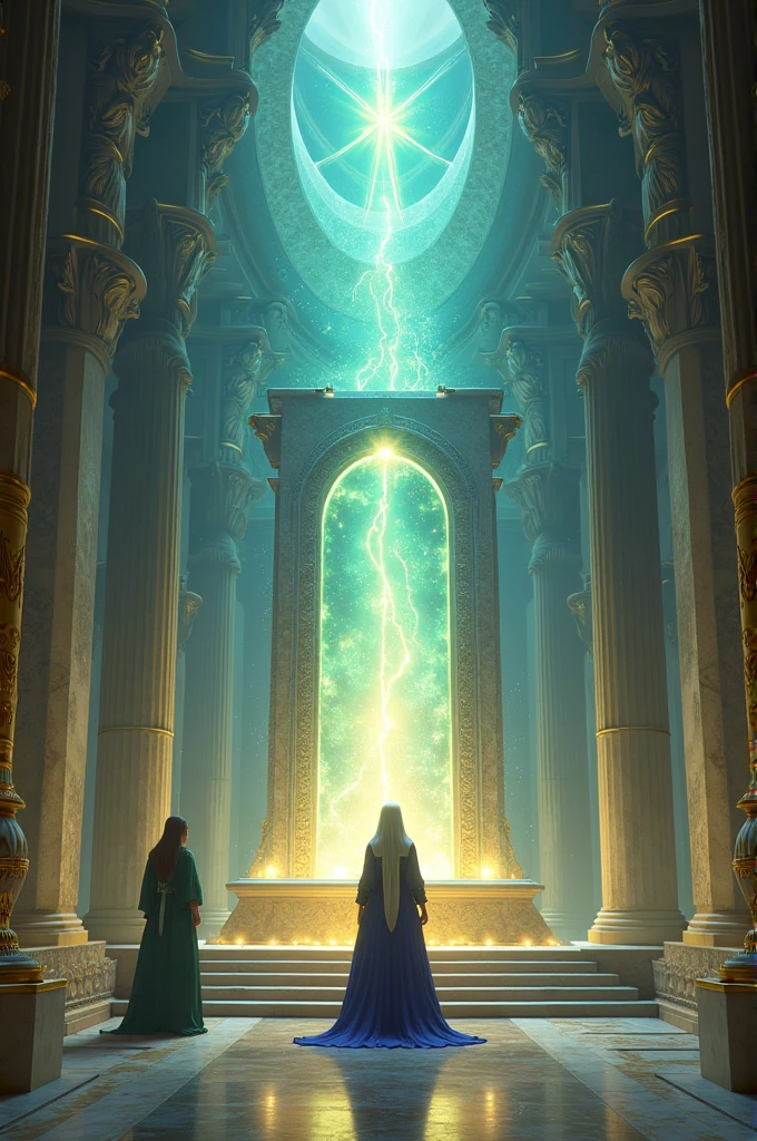 Inside the ancient Temple of Light, a grand altar with a magical mirror at its center. Elara, a determined princess, places a glowing gemstone in the middle of the mirror, while Ilyana, the sorceress, stands beside her chanting an ancient spell. Bright light bursts from the mirror, illuminating the entire temple with a powerful, radiant glow, as shadows flee and the darkness dissipates.