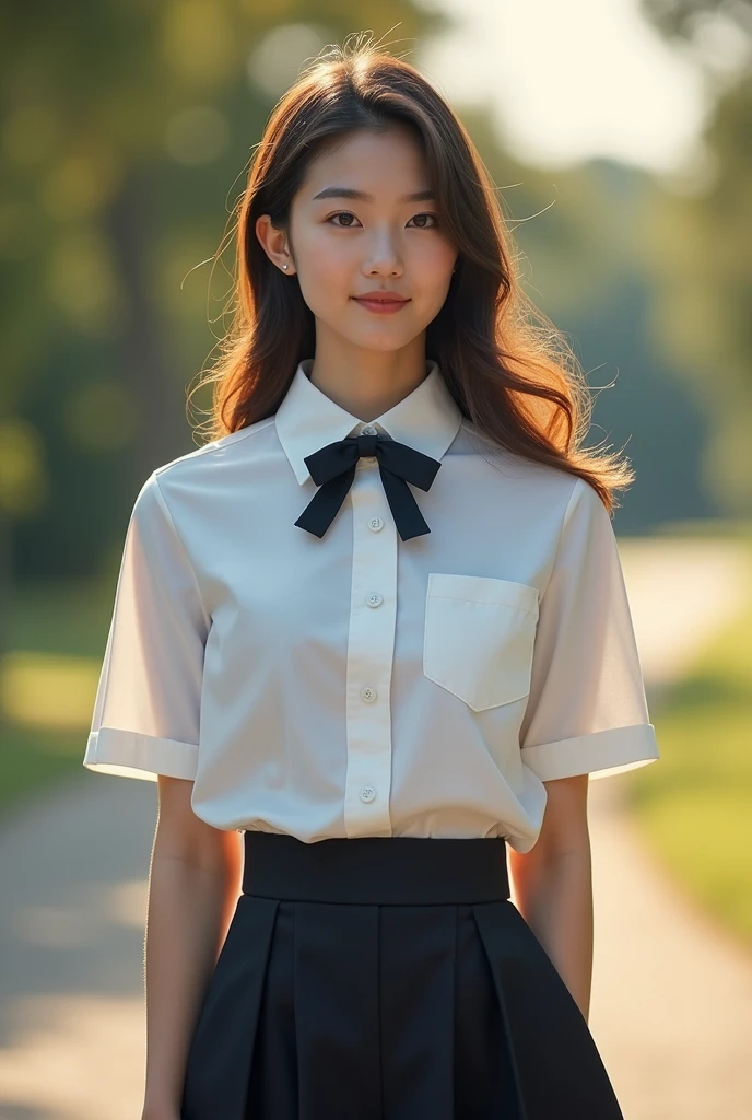 A beautiful American students girl with uniform is standing
