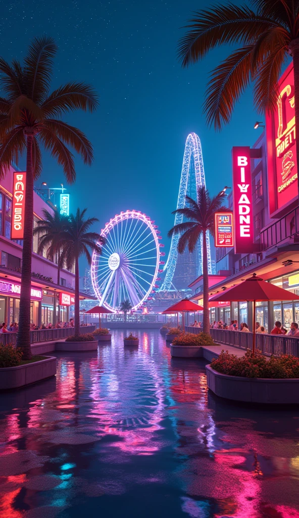 anime cyberpunk Miami Bayside market , neon lights, miami vice vibes, , Ferris wheel at far away, with stars and roller coaster at far away