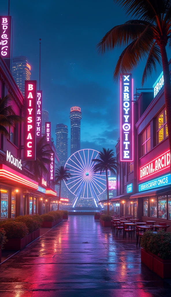 anime cyberpunk Miami Bayside market , neon lights, miami vice vibes, , Ferris wheel at far away, with stars and roller coaster at far away