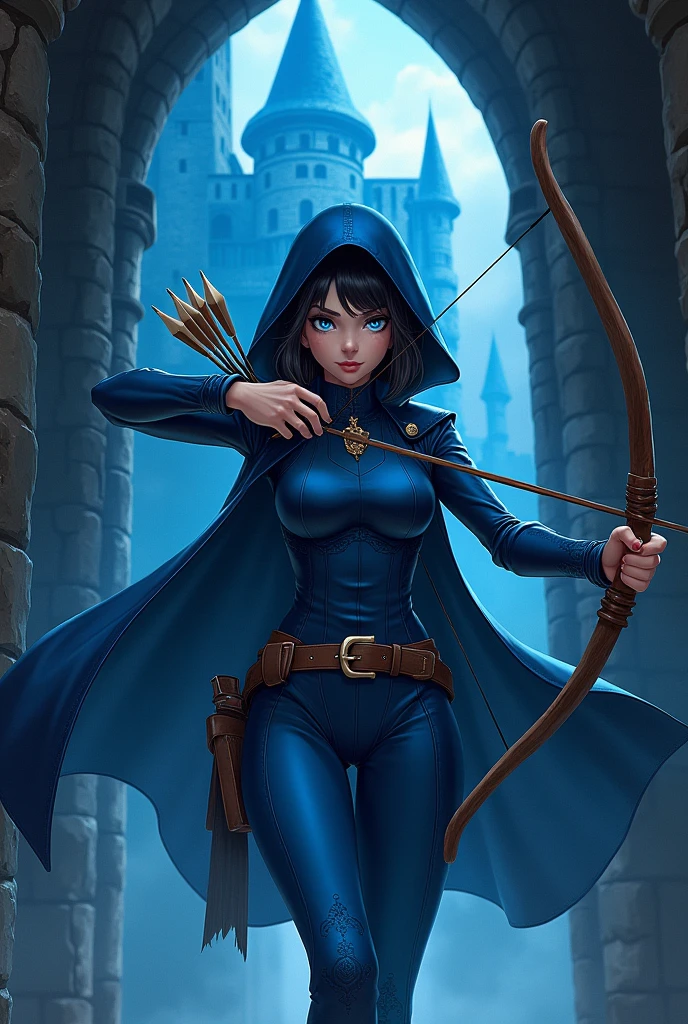 The spy girl, bow and arrows, blue suit, Hood, Leather belt, Blue eyes, anime drawing, digital drawing, dark blue castle background, Middle Ages