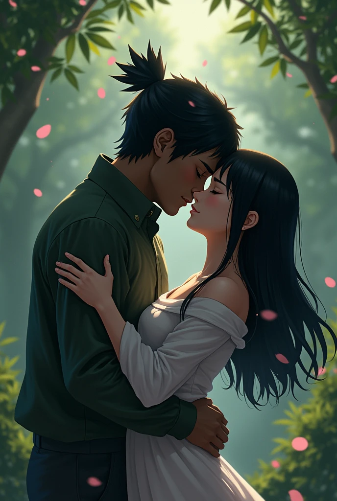 Hinata and the black man kiss, with the background of Naruto being sad